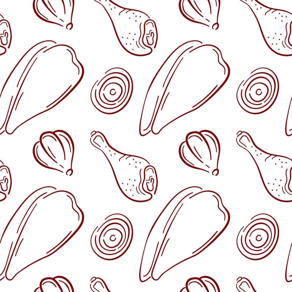 Seamless pattern with chicken drumstick and fillet, garlic and onion in line art style on white background. Perfect for butcher shop delivery packaging, cooking book and culinary design. vector