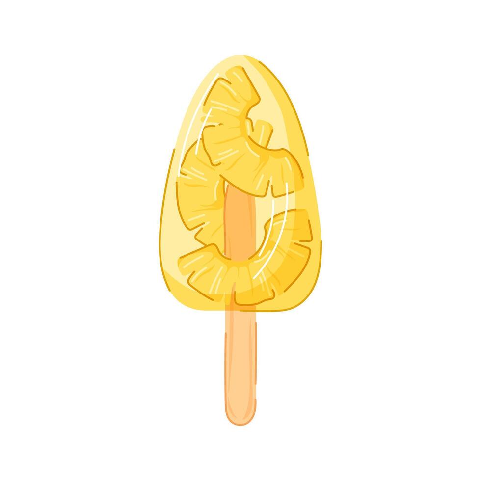 Pineapple ice cream with yellow fruit slice inside on wooden stick in cartoon style. Perfect for tropical summer design, dessert visual or dessert cafe graphic. Isolated on a white background vector