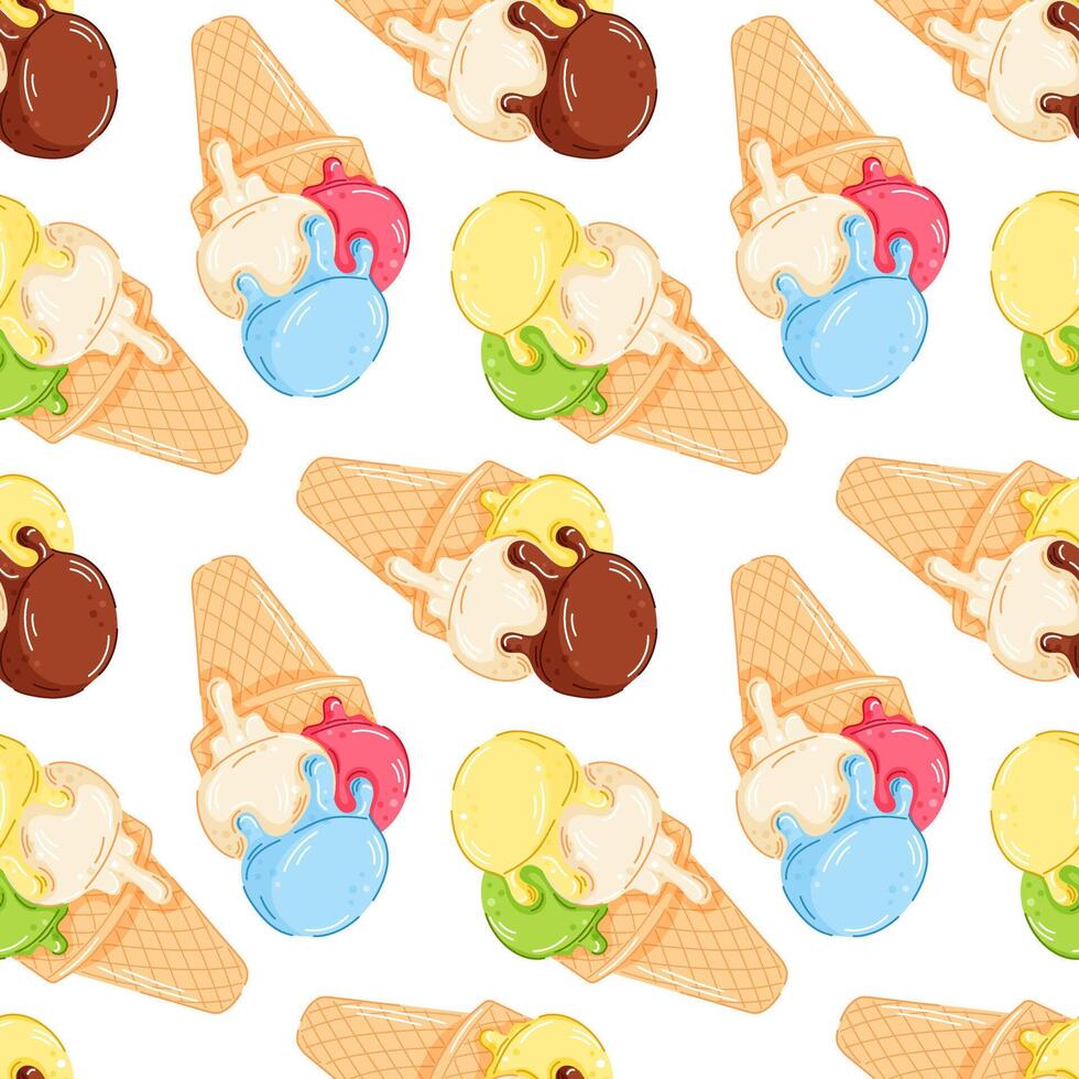 Cartoon style seamless pattern of melting scoop ice cream cone with lemon, vanilla, chocolate, mint, strawberry and pistachio flavor. Perfect for dessert cafe, summer package and food design project. vector
