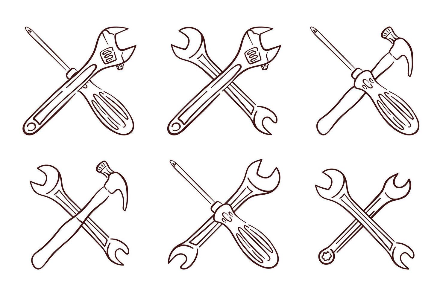 Line art style icon set of crossed tool including wrench, screwdriver and hammer. Perfect for repair service, construction and engineering theme design in technical and industrial project. vector