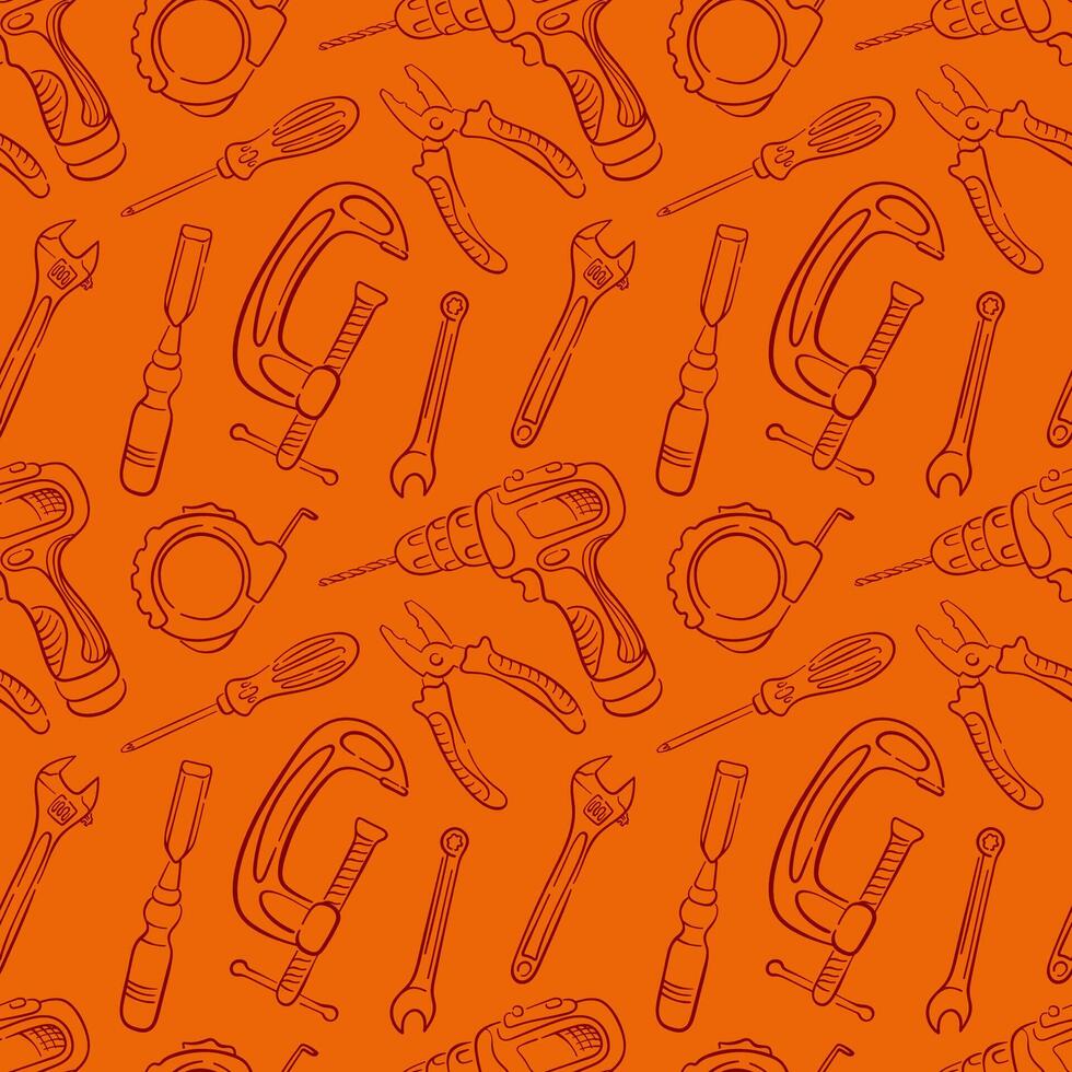 Seamless repair tools pattern in line art style with drill, clamp, pliers, wrench and screwdriver. Perfect for construction repair market and industrial design. vector