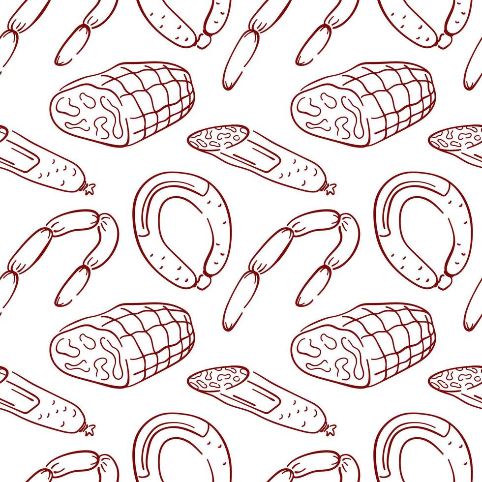 Seamless line art style pattern with sausage and ham on white background. Perfect for butcher shop package, kitchen wallpaper, menu cafe or traditional meat cuisine design. vector