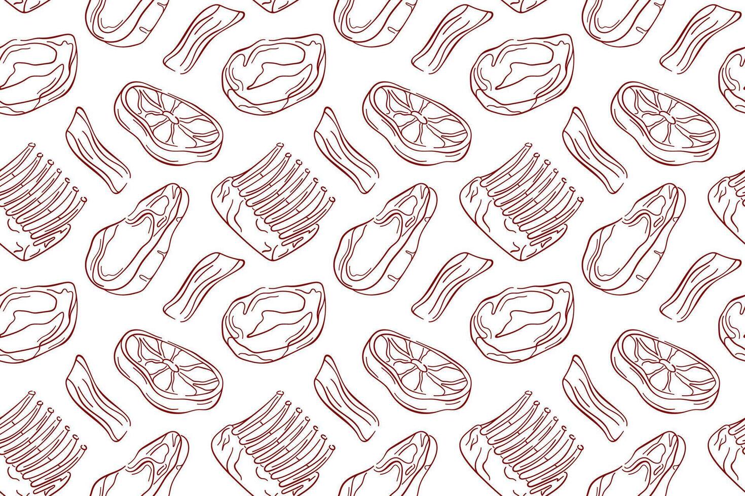 Seamless pattern of line art style steak, bacon, ribs and meat cut on white background. Perfect for butcher packaging, kitchen decor, food menu, grill restaurant or barbecue design. vector