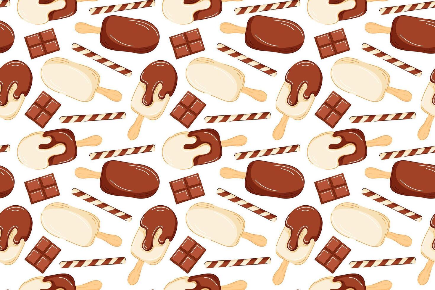 Seamless pattern with chocolate ice cream and wafer in cartoon style. Perfect for summer packaging, dessert menu and sweet food theme project. vector