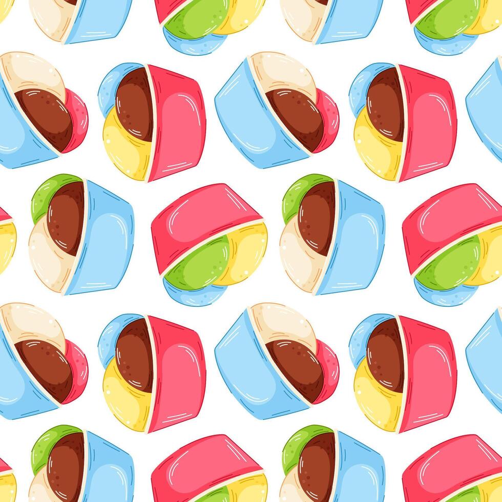 Colorful seamless pattern of cartoon ice cream scoop in paper cup with chocolate, vanilla, pistachio, mint and fruit flavor. Perfect for summer background, packaging and textile design. vector