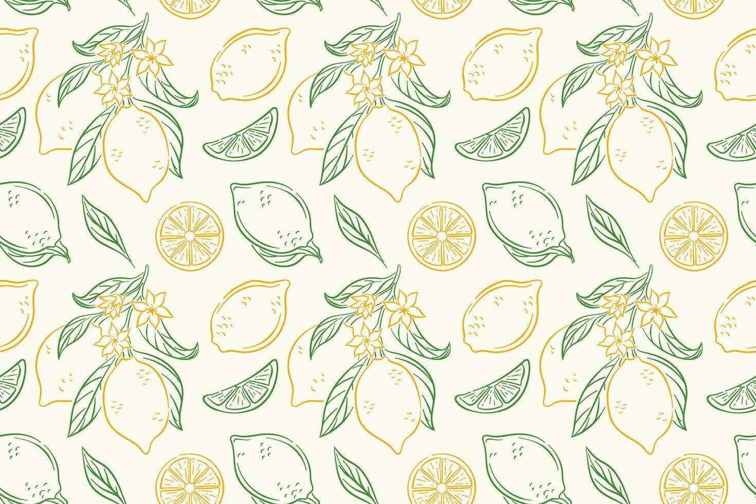 Seamless pattern with whole lemon and slice, flower with green leaf on beige background. Bright citrus line art style fruit design for summer kitchen fabric, package and organic theme. vector