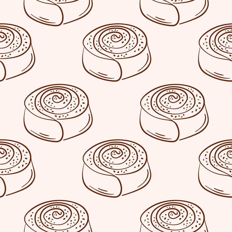 Cinnamon roll pastry seamless pattern in line art style. Perfect for bakery wallpaper, food packaging, breakfast menu design and sweet pastry theme. vector