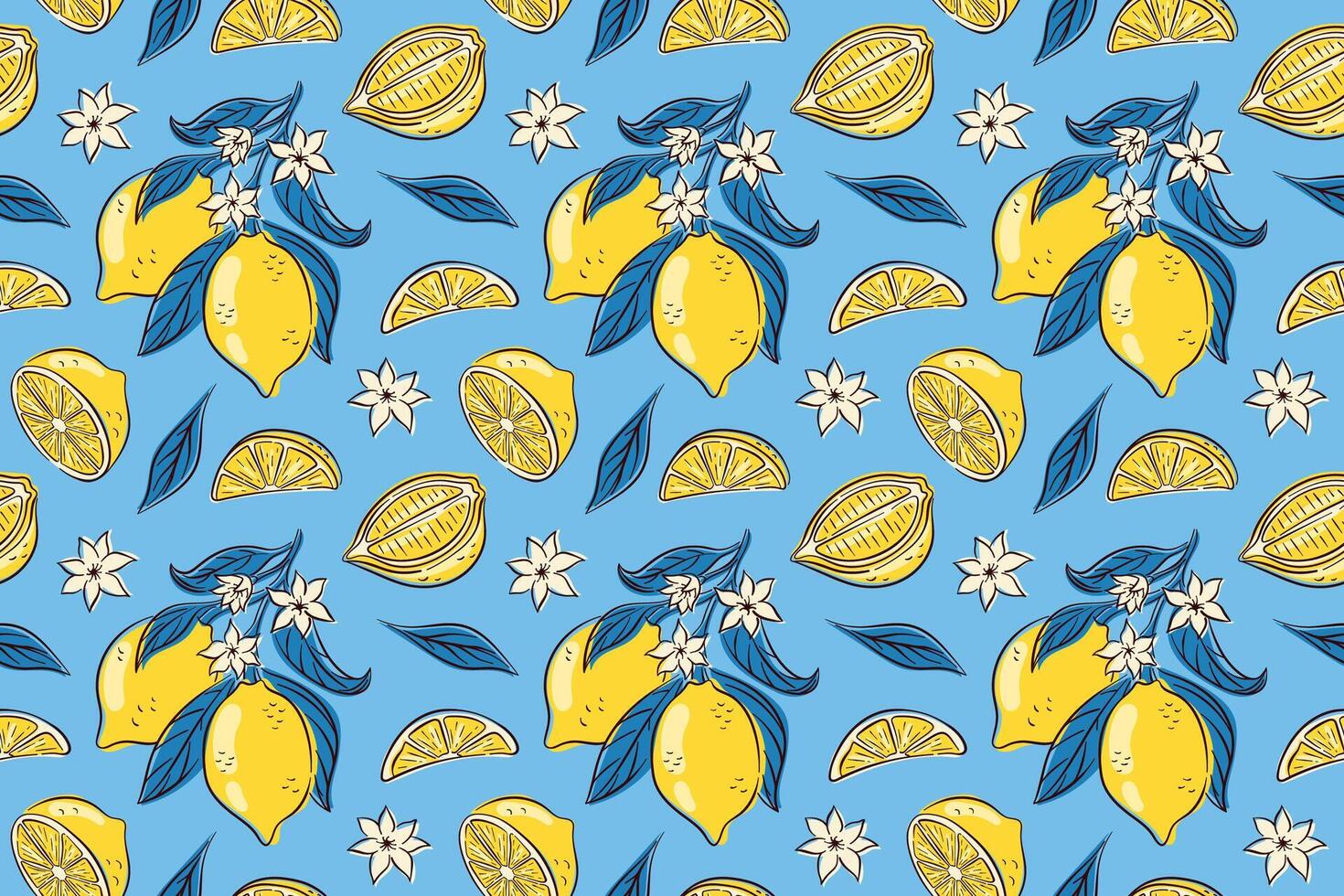 Lemon pattern with leaves and flowers vector