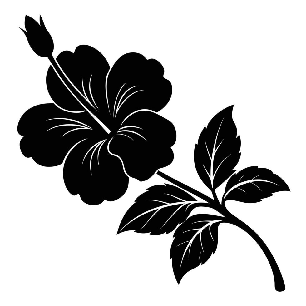 Black silhouette of a hibiscus flower with leaves white vector