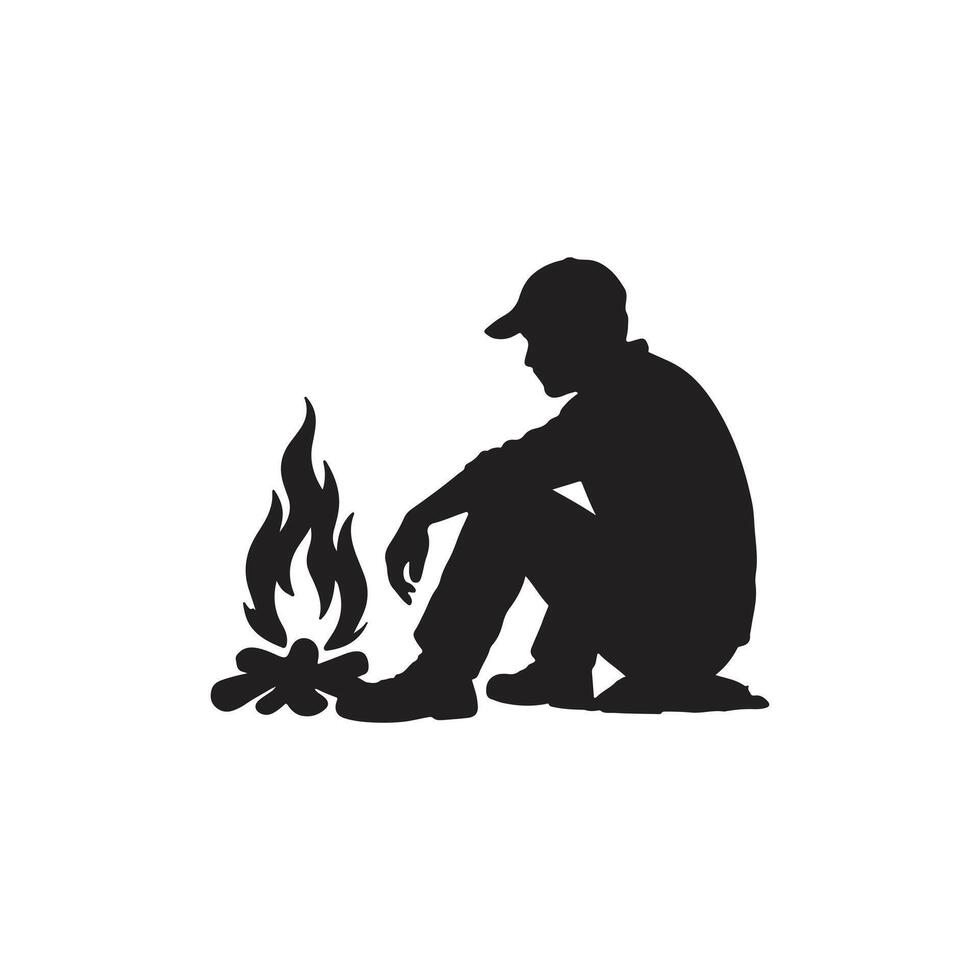 man sitting near campfire silhouette camping wilderness outdoor survival and relaxation concept isolated on white background vector