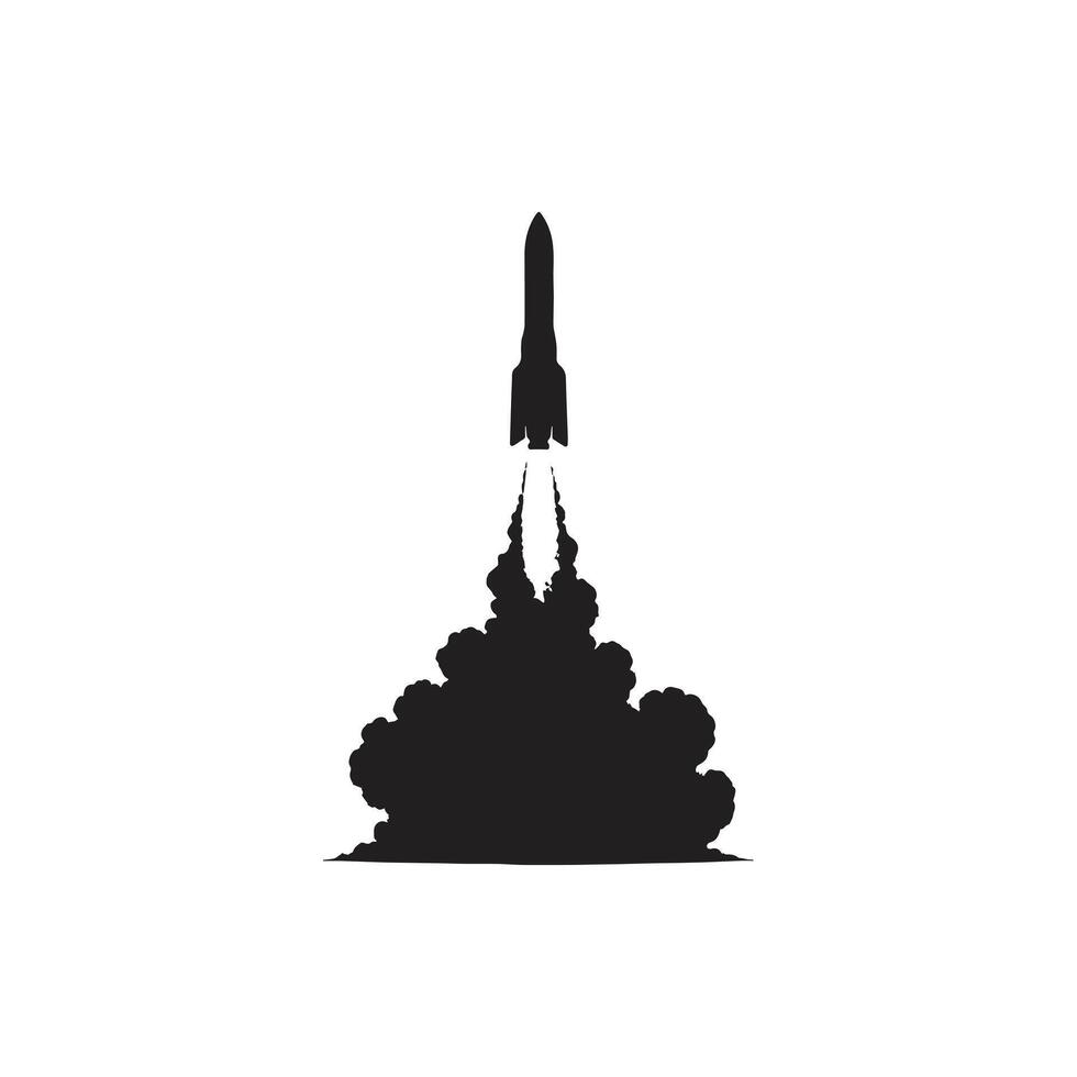 Silhouette of a rocket launching with smoke clouds isolated on white background vector