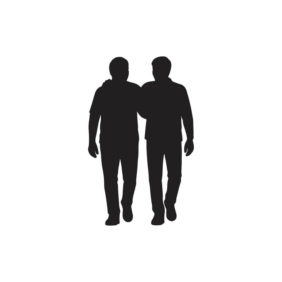 Two men walking silhouette friendship companionship support bond togetherness concept isolated on white background vector