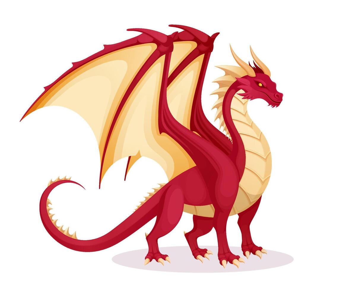 Red fantasy dragon illustration with wings spread, perfect for games, stories, or mythical creature designs. vector