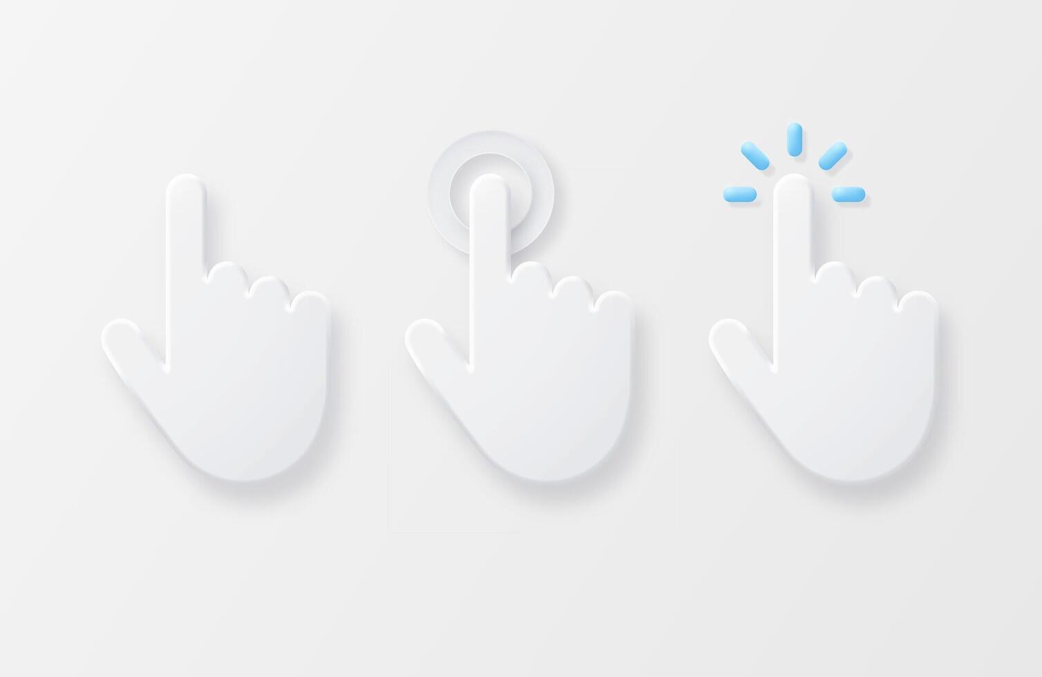 Set of stylish icons of hand pressing a button or pointing with index finger. Touch screen gesture. vector