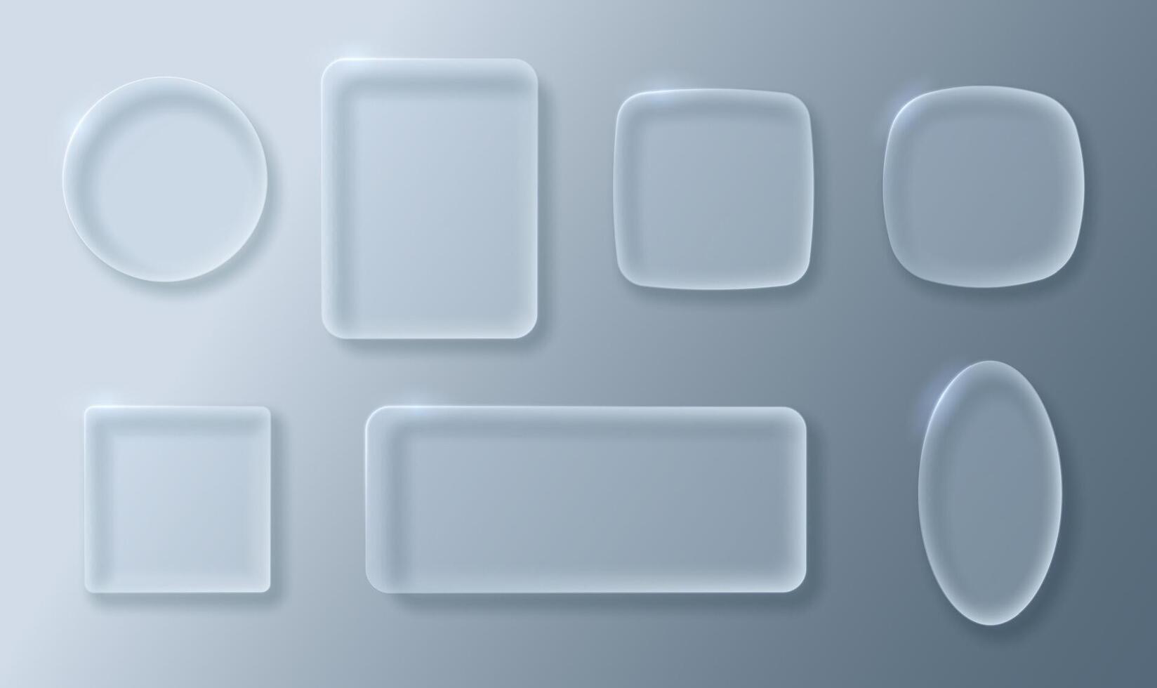 Glass buttons or frames of different shapes. UI element with transparency and blur effect. vector