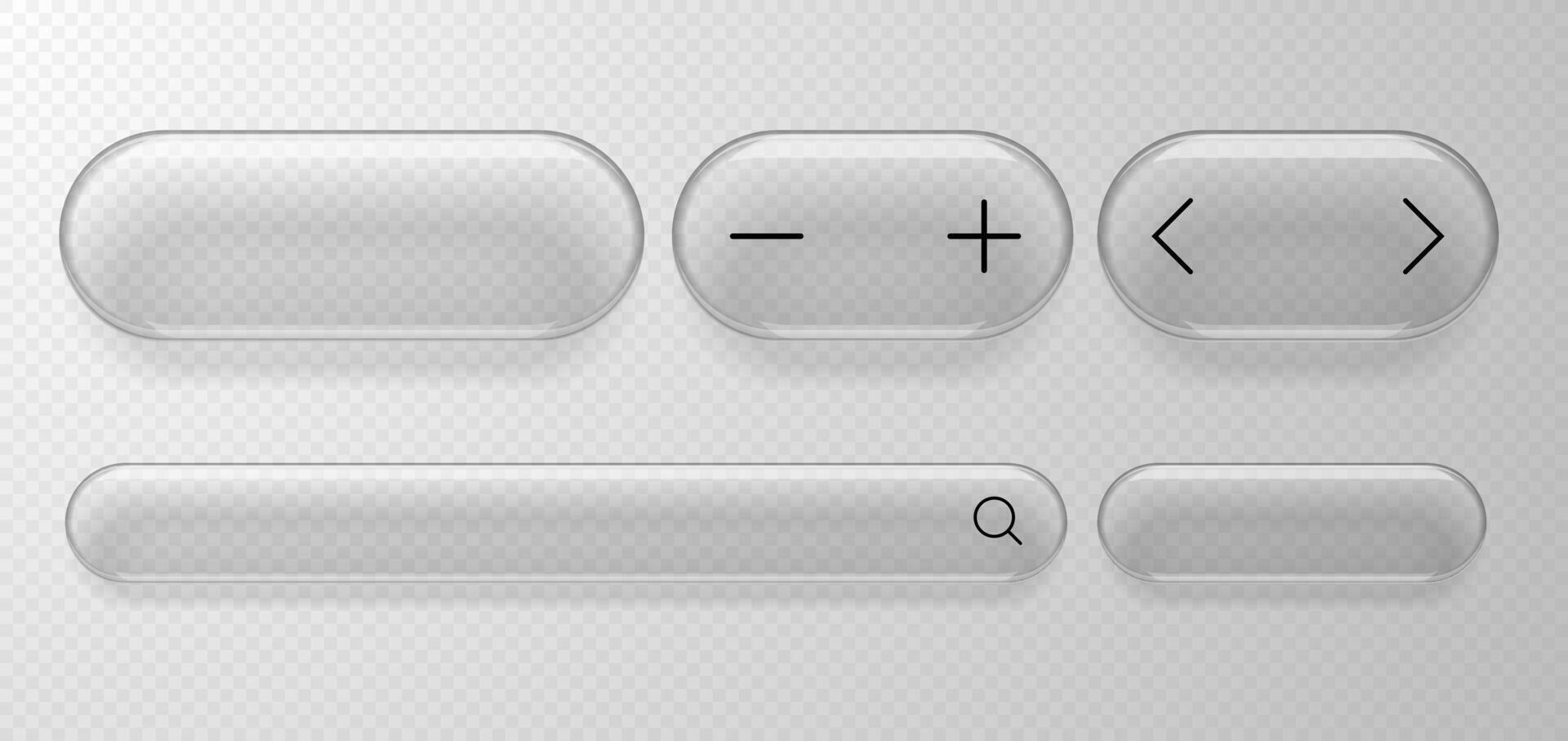 Modern design elements, buttons or frames in liquid glass style with search icon, toggle arrows and plus and minus icons. Glass morphism. vector