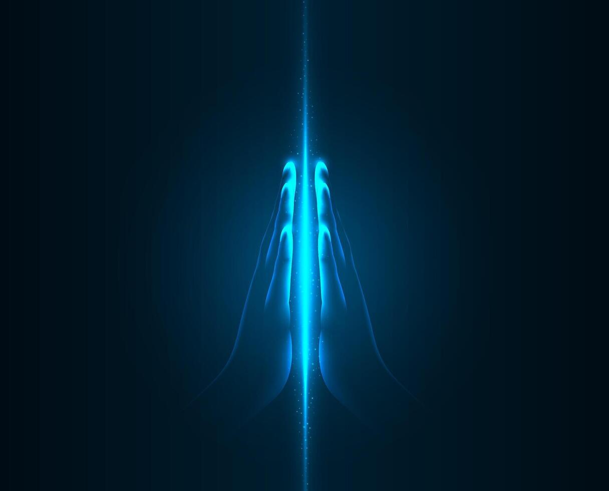 Hands folded in a gesture of prayer, hope or greeting forming a bright glowing beam of energy isolated on a dark background. vector