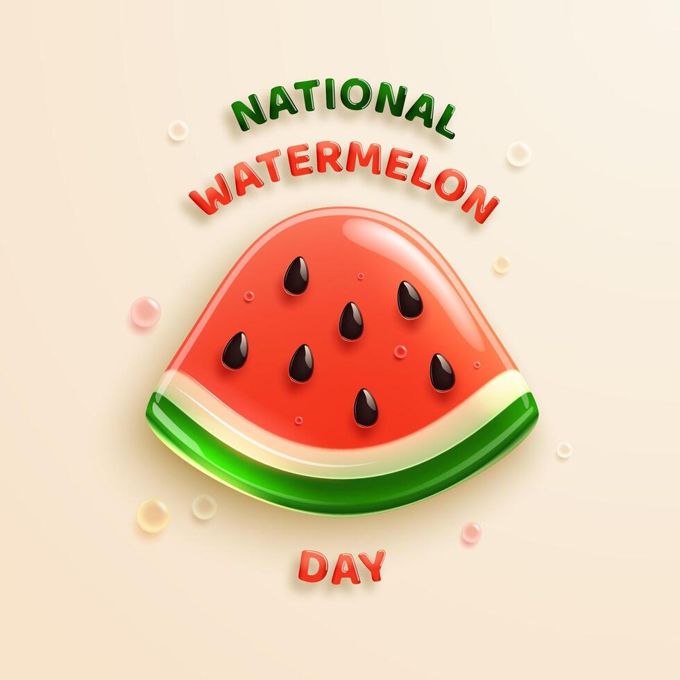 A piece of watermelon in glossy glass 3D style for National Watermelon Day. vector