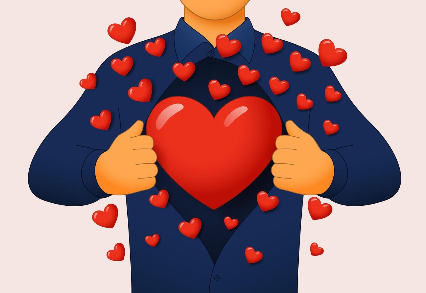Concept of pure strong love or recognition. A person has many red hearts flying out of his chest. vector
