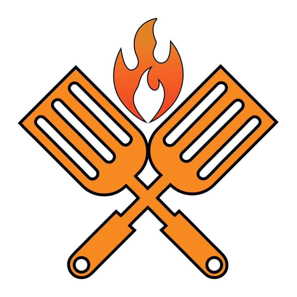 Bold grill master logo with flaming spatulas vector