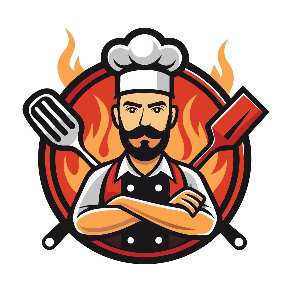Chef character logo showing bbq and fire vector