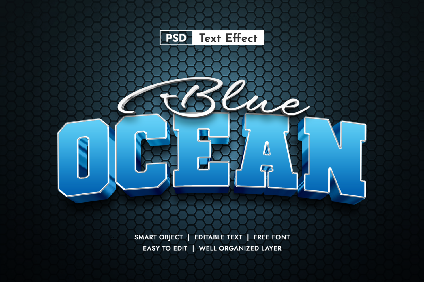 Vibrant Blue 3D Ocean Text Effect with Grid Background psd