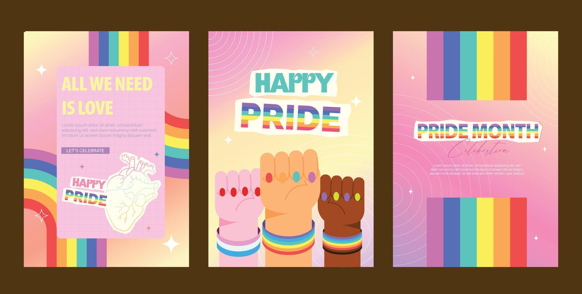 Set of colorful Pride illustrations celebrating love and acceptance, illustration vector
