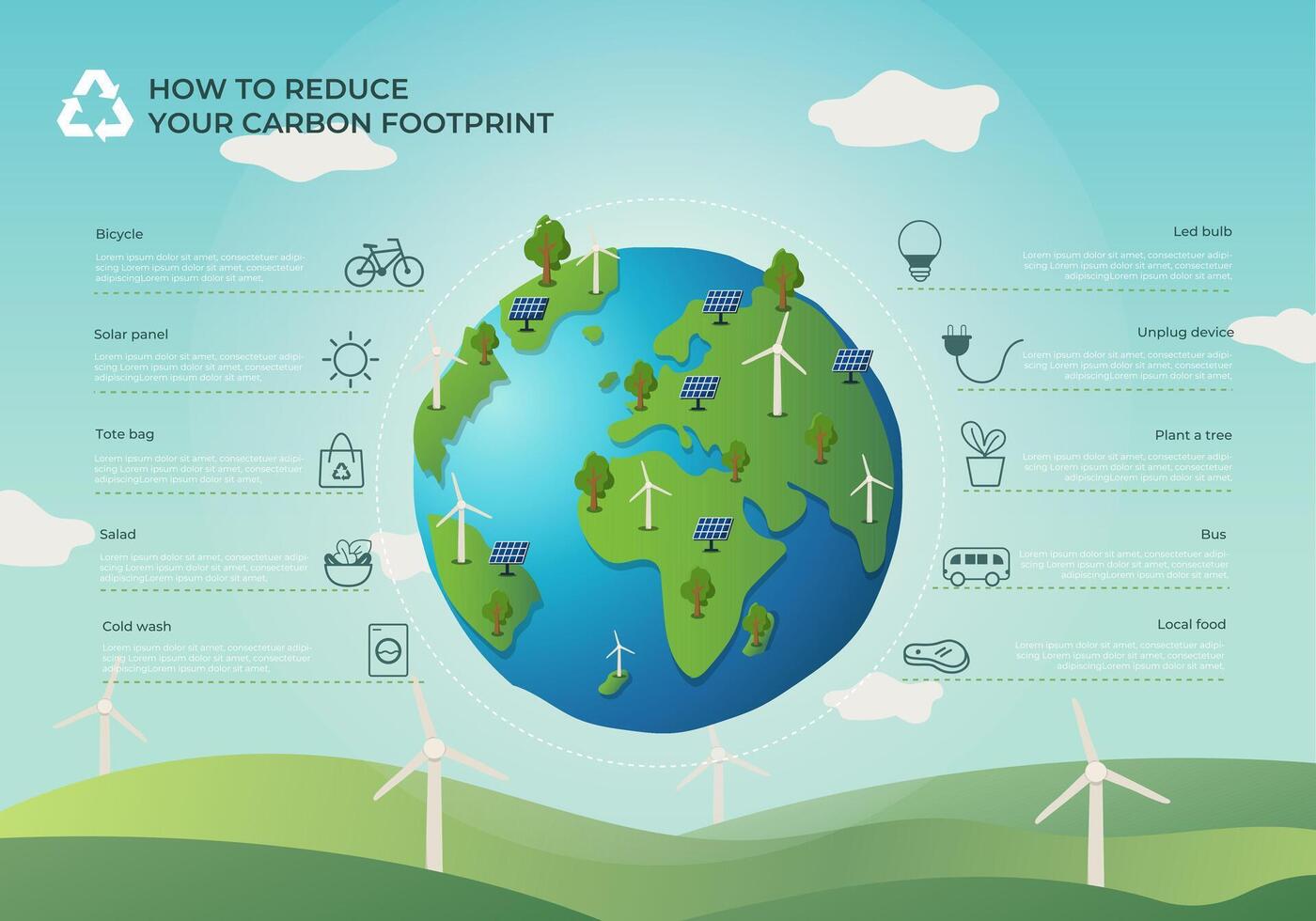 Tips for reducing carbon footprint vector