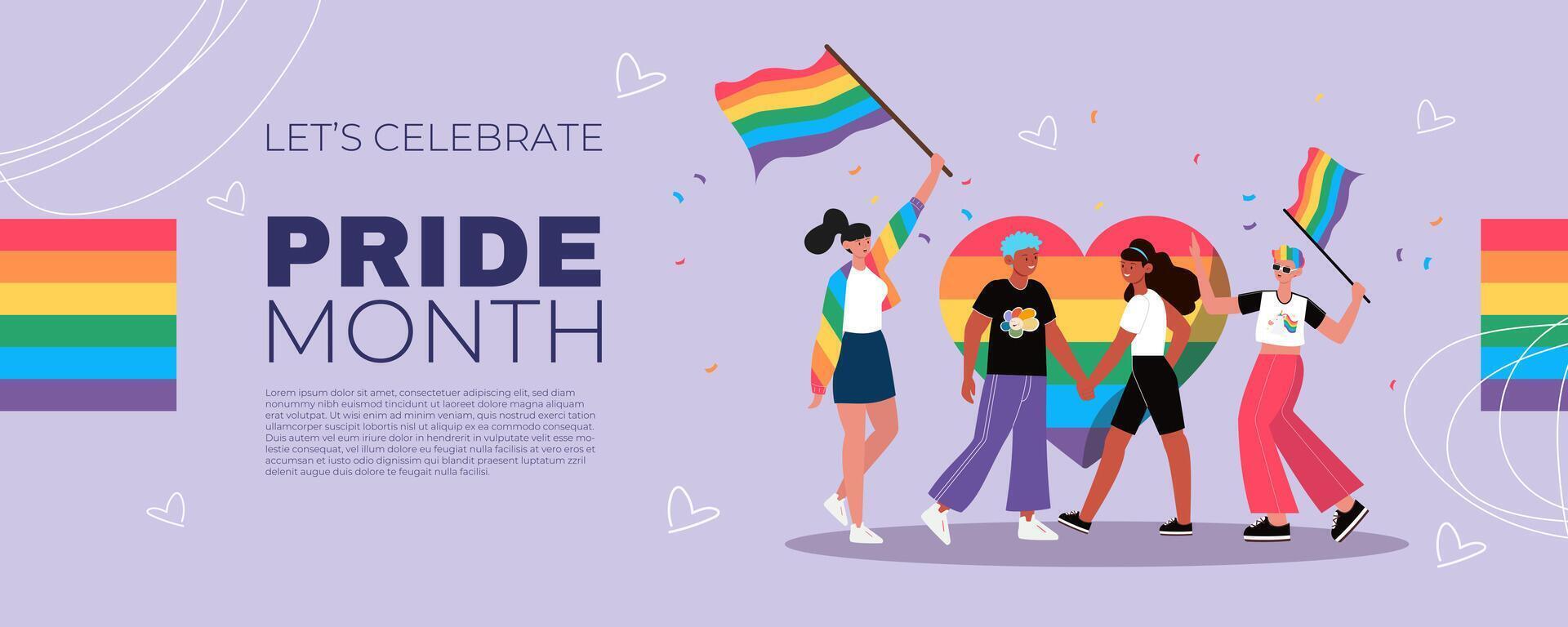 People celebrating Pride Month with flags vector