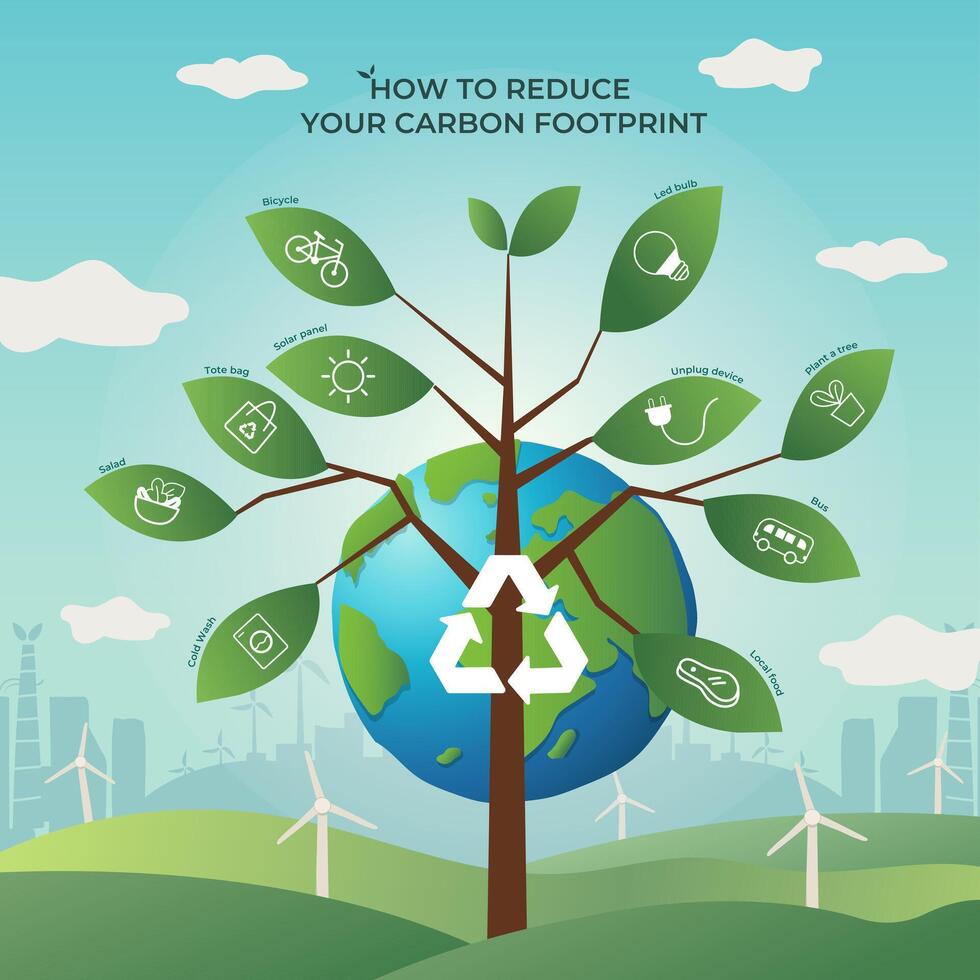 Reduce your carbon footprint with sustainable tips vector
