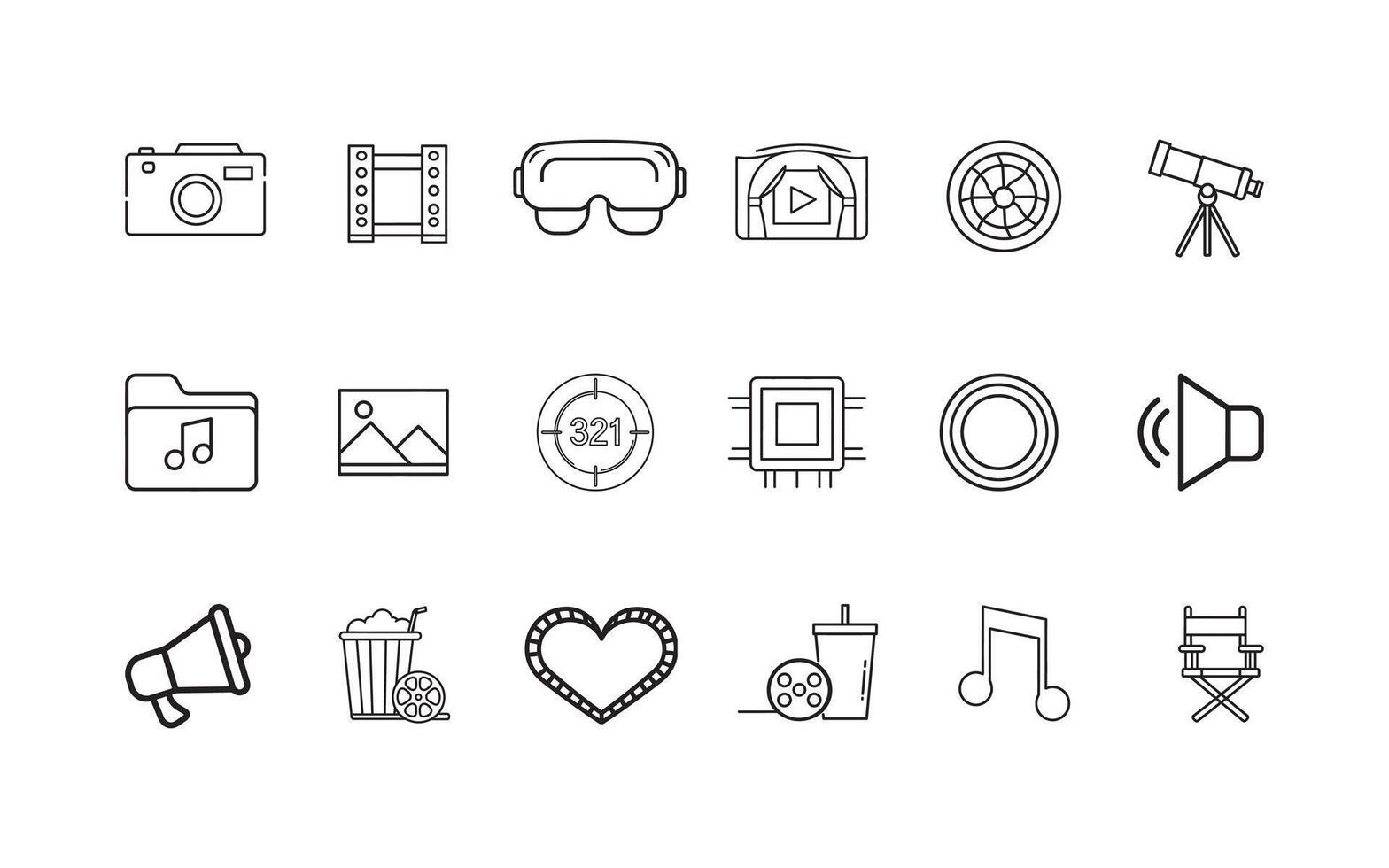 Cinema and Entertainment Iconography A Variety of Visual Elements Illustrating Movies, Music, Technology, and Leisure Activities, Presented in a Cohesive and Stylistically Consistent Manner Throughout vector