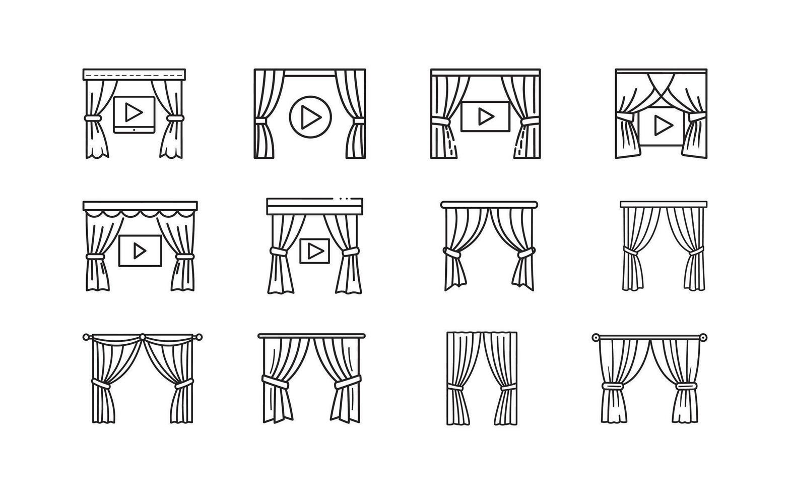 Set of Linear Icons Representing Different Curtain Styles Offering a Versatile Range of Window Decor and Interior Design Elements in Black and White vector