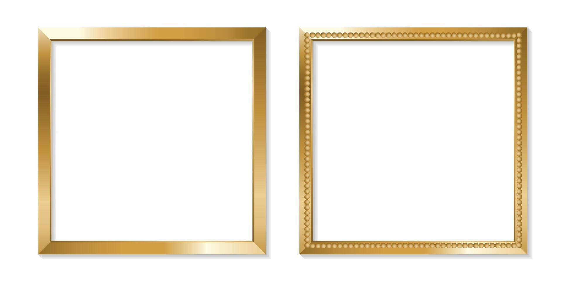 Thin Square Golden Picture Frame Set with Glares and Shadow. Illustration vector