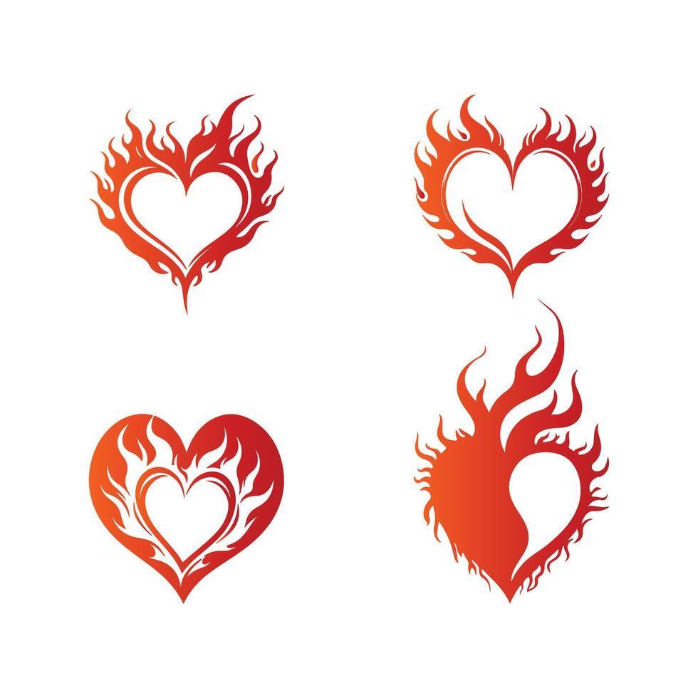 Four Fire Heart Love Flame, flaming hearts with vibrant color gradients, Tattoo T-Shirt Graphic Elements. vector