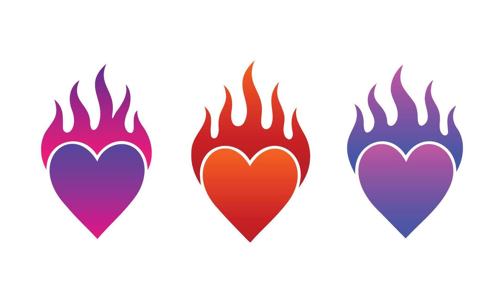 Three Fire Heart Love Flame, flaming hearts with vibrant color gradients, Tattoo T-Shirt Graphic Elements. vector