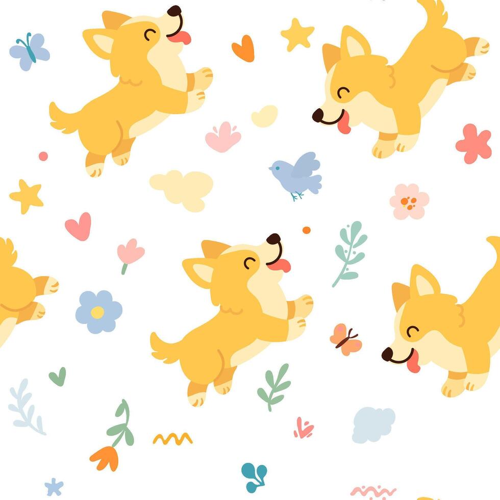 Seamless pattern with funny cartoon corgis dogs. Great for fabric, textile vector