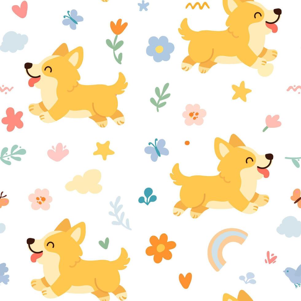 Corgis running in a colorful pattern vector