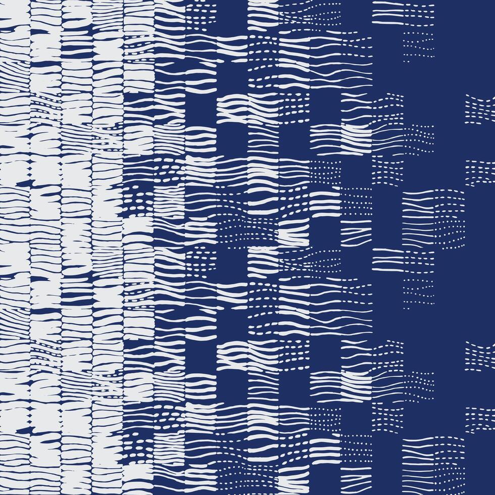 Abstract hand drawn grid brush lines pattern with wavy lines and organic shapes in navy blue and white. Modern textile or wallpaper design with a Japanese and tribal feel vector