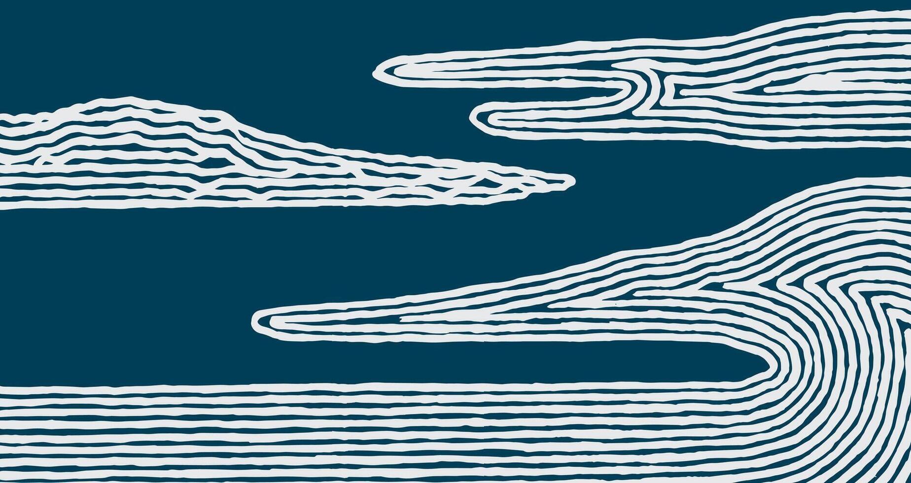 Hand drawn brush lines abstract landscape background, Japanese and ethnic wood carving texture graphic for textile, carpet, decoration vector