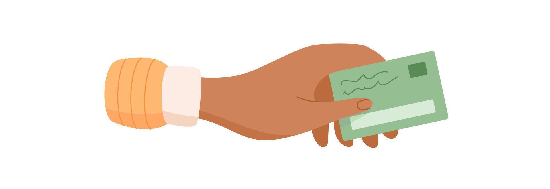 Female hand holds a card sticker. Human hand takes a payment card. Finance concept, graphic style, ideal for business and financial contexts. vector