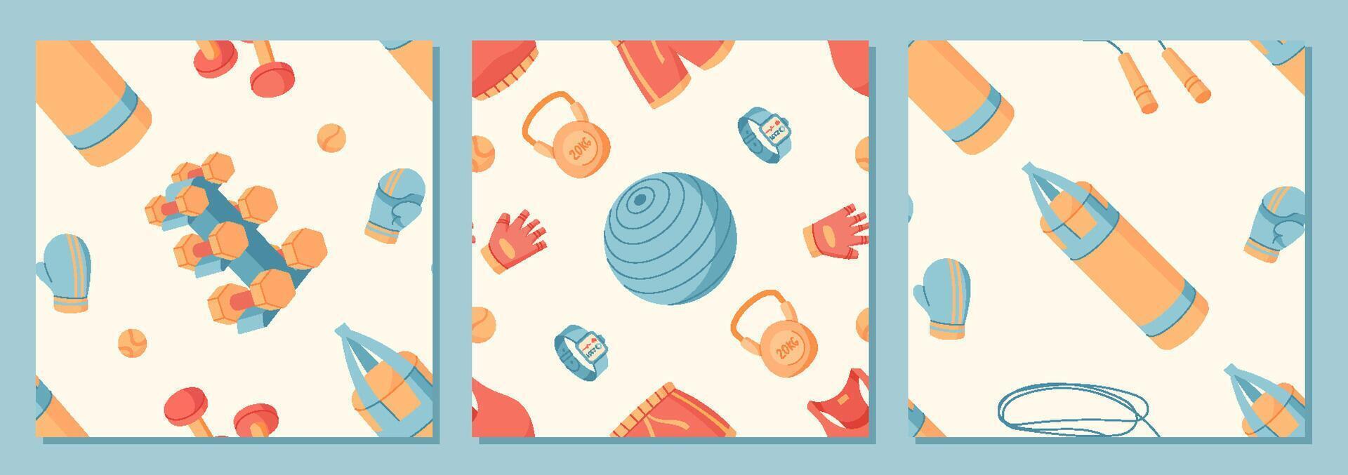Seamless flat sport equipment pattern with gym tools and accessories set. Set includes dumbbells, kettlebells, ropes, and gloves arranged in a repeating background. Ideal for fitness, workout concepts vector