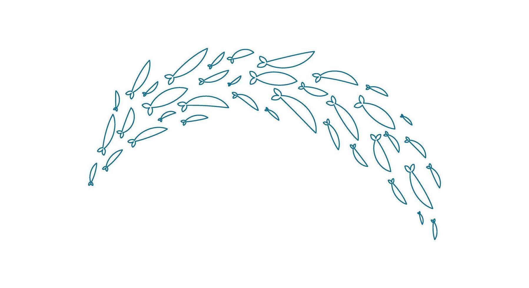 outline fish swim in a lively school. Group of marine creatures forms a charming silhouette. Undersea theme, flat doodle style, perfect for ocean projects. vector