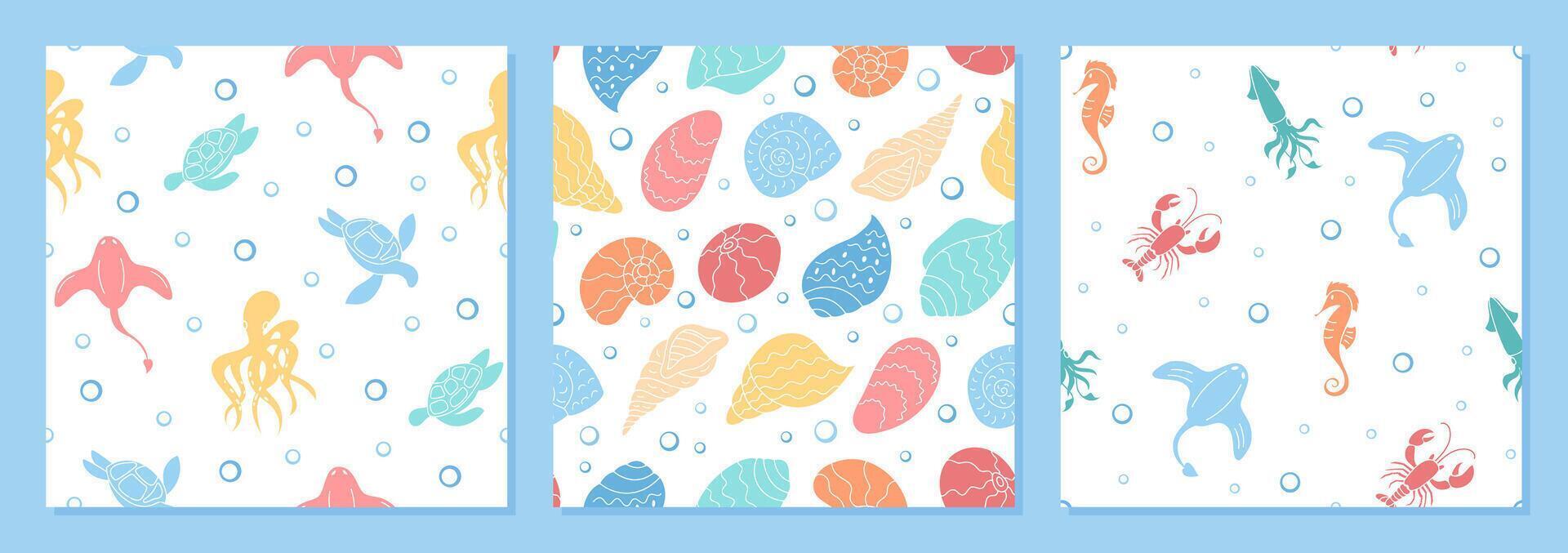 Underwater seamless pattern set in a marine cartoon graphic style. Featuring aquatic creatures like turtle, seashell, seahorse, crab, and shrimp. Vibrant marine life elements enhance summery vector