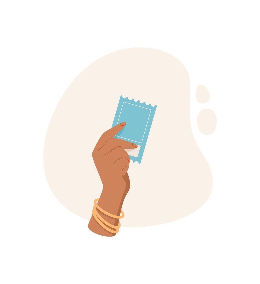 Hand holding ticket icon. Female hand in palm gesture shows ticket. Concept of exchange and transfer, flat style, suitable for use in graphic designs or marketing materials. vector