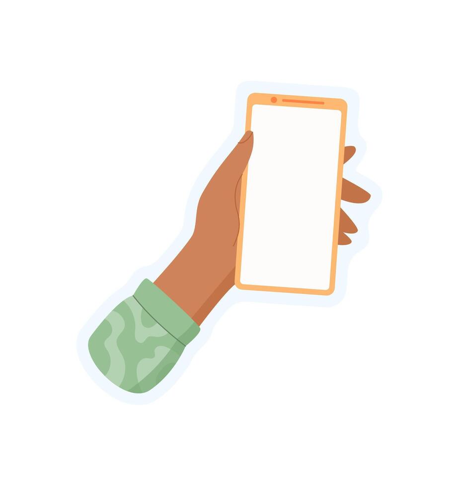 Sticker of hand holding phone. Graphic representation of a user holding a smartphone. Flat design, blank template, suitable for mobile applications and online media. vector