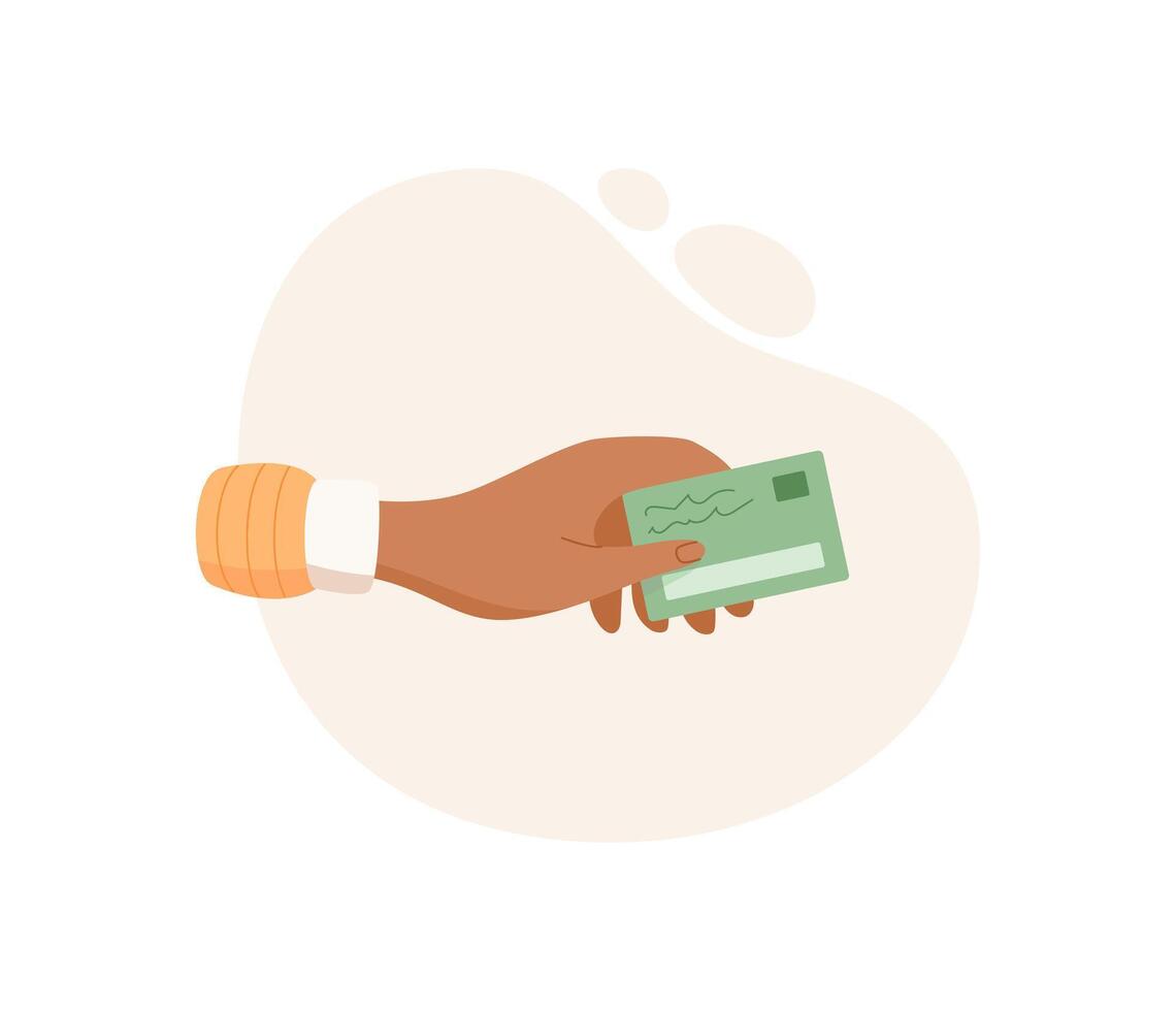 Hand holding payment card. Gesture of giving cash or card. Payment transaction, flat style, suitable for finance and business contexts. vector
