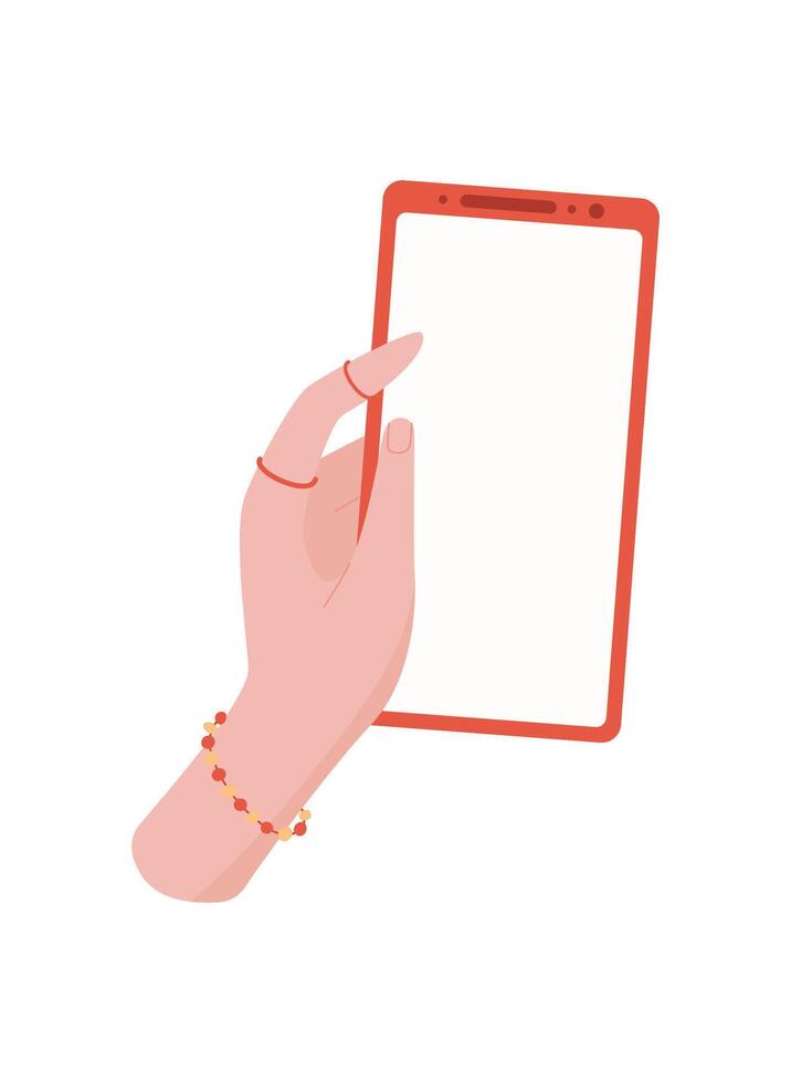 A hand holds a smartphone with a blank screen. A user showcases an empty mobile device in flat graphic. The gesture illustrates digital application concept, perfect for online media and vector