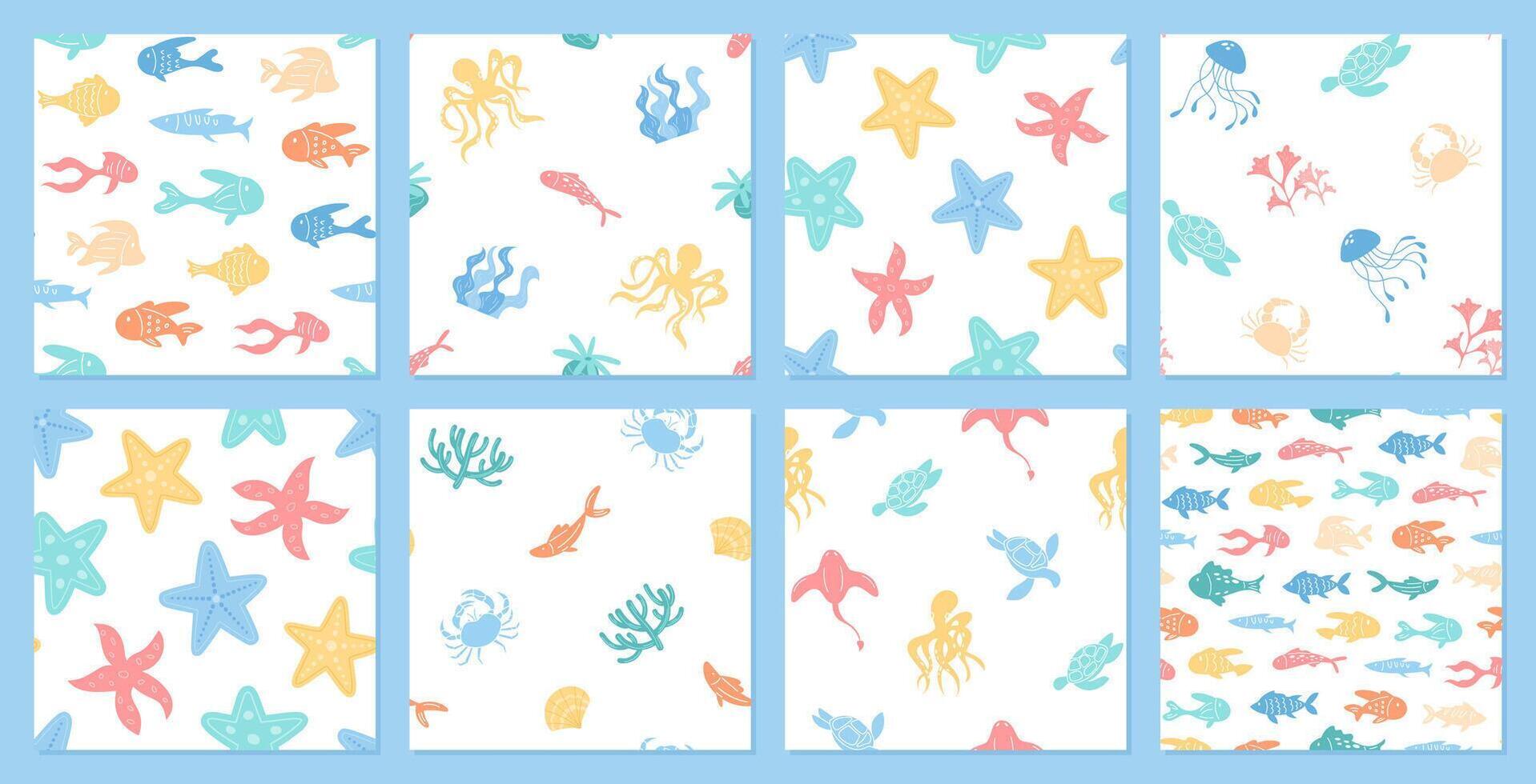 Seamless underwater pattern set with aquatic creatures like fish, starfish, and jellyfish in a flat style. Marine background features turtles and coral in ocean sea themes. Ideal for summer vector