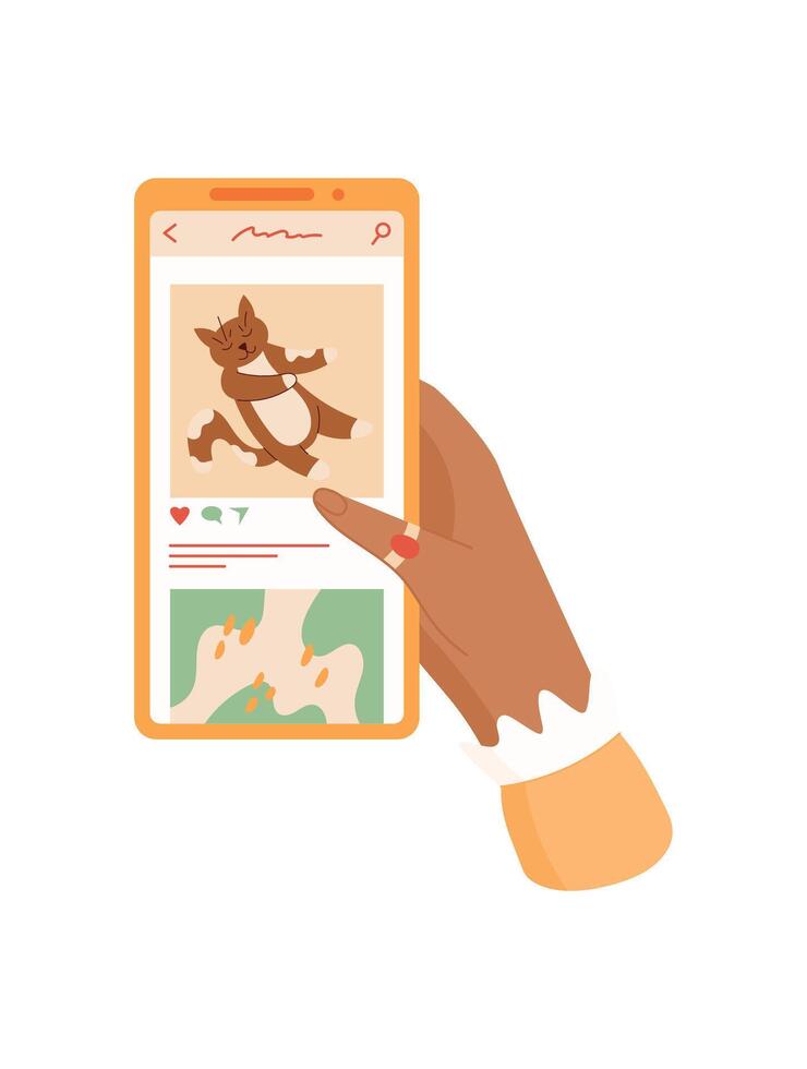 A user holds a phone in their hand. The smartphone displays a social media app. A person interacts with mobile application, flat graphic style, suitable for online communication and technology vector