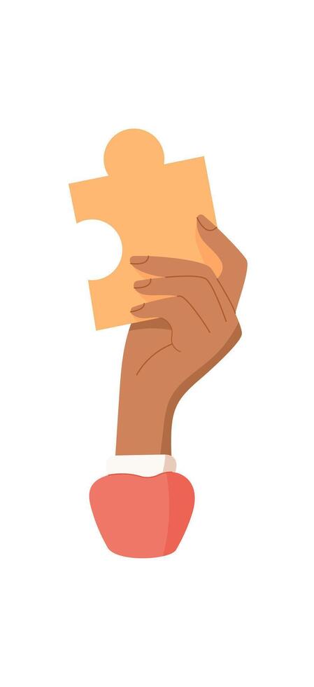 Hand holding a puzzle piece. Gesture of a person grasping puzzle item. Flat graphic concept, sticker style, suitable for teamwork and collaboration themes. vector